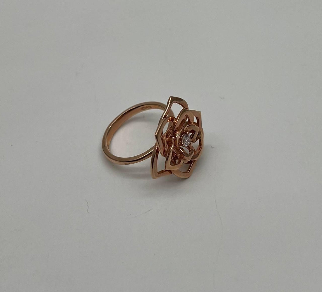 Diamond Floral Flower Lotus Petal Rose 14K Rose Gold Statement Cocktail Ring