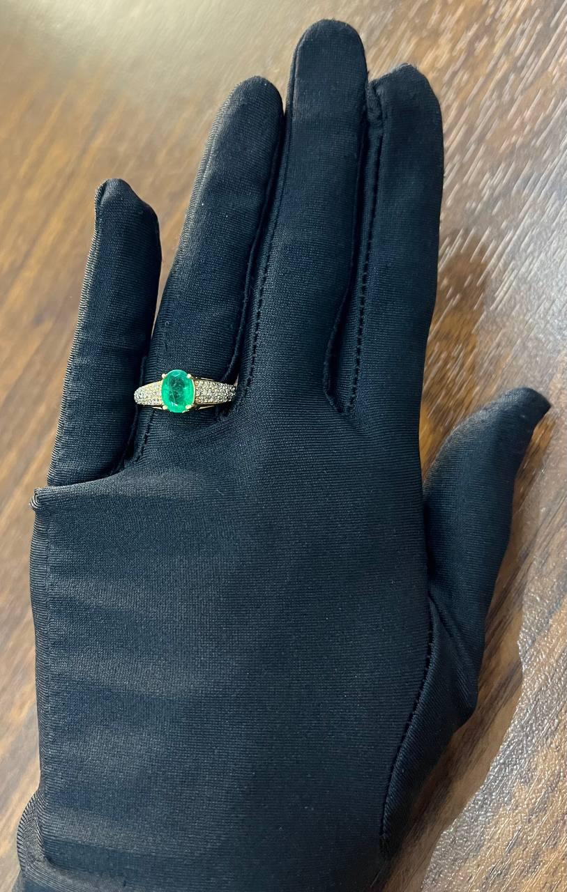 Oval Shape Green Emerald Diamond Pave Set 14K Yellow Gold Classic Ring