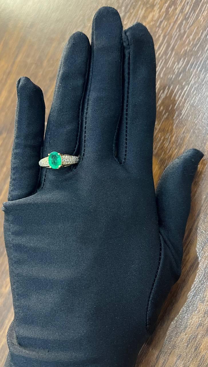 Oval Shape Green Emerald Diamond Pave Set 14K Yellow Gold Classic Ring