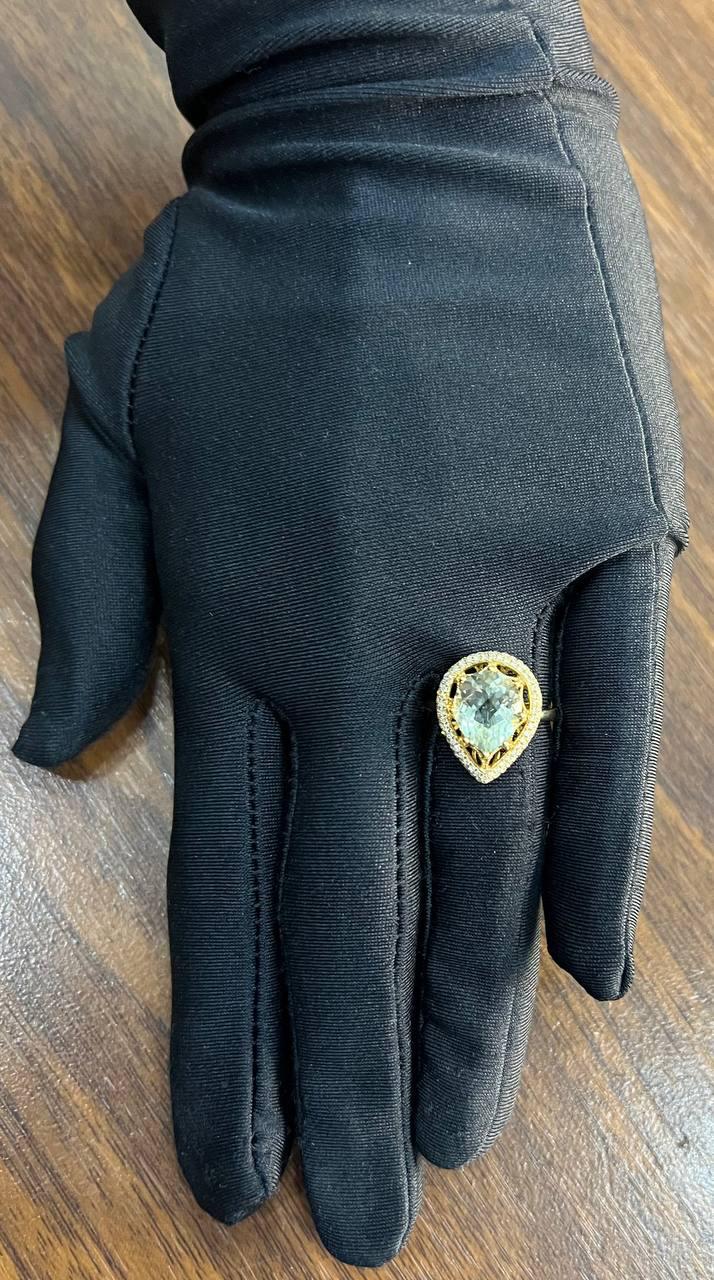 Pear Teardrop Shape Green Amethyst Prasiolite Diamonds Halo Gold Cocktail Ring