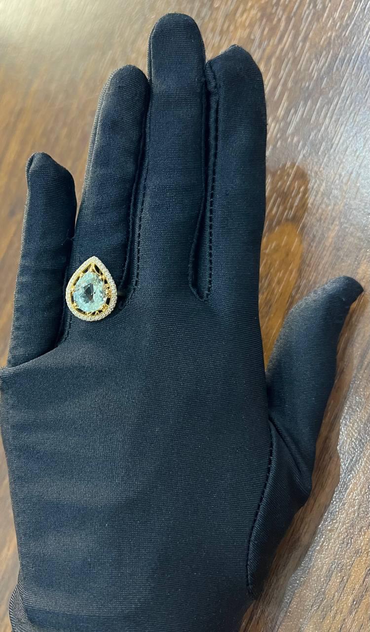 Pear Teardrop Shape Green Amethyst Prasiolite Diamonds Halo Gold Cocktail Ring