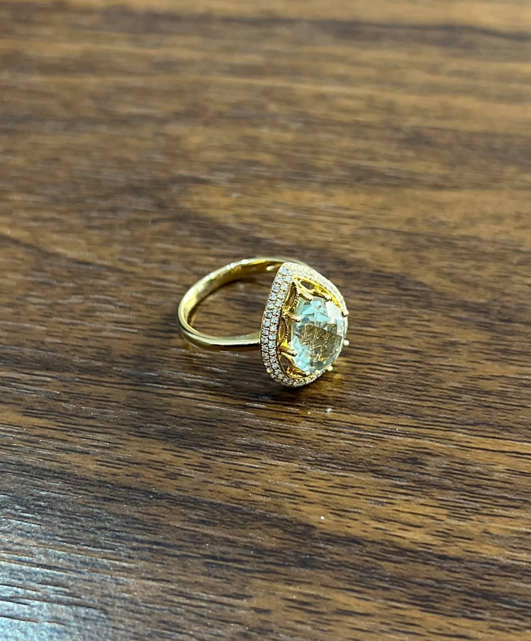 Pear Teardrop Shape Green Amethyst Prasiolite Diamonds Halo Gold Cocktail Ring