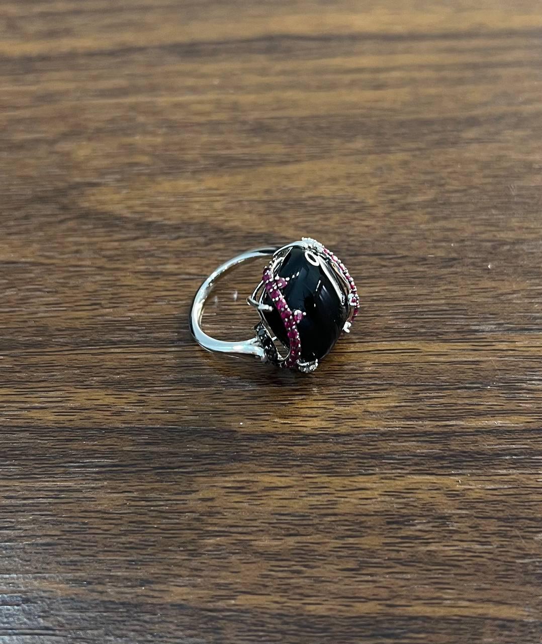 Black Onyx Red Pink Ruby White Diamond Halo 14K White Gold Statement Ring
