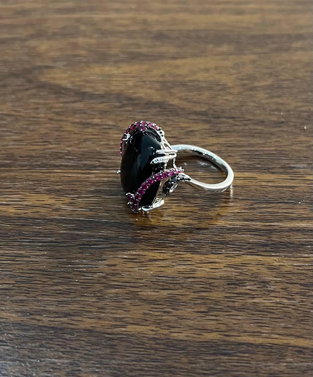 Black Onyx Red Pink Ruby White Diamond Halo 14K White Gold Statement Ring