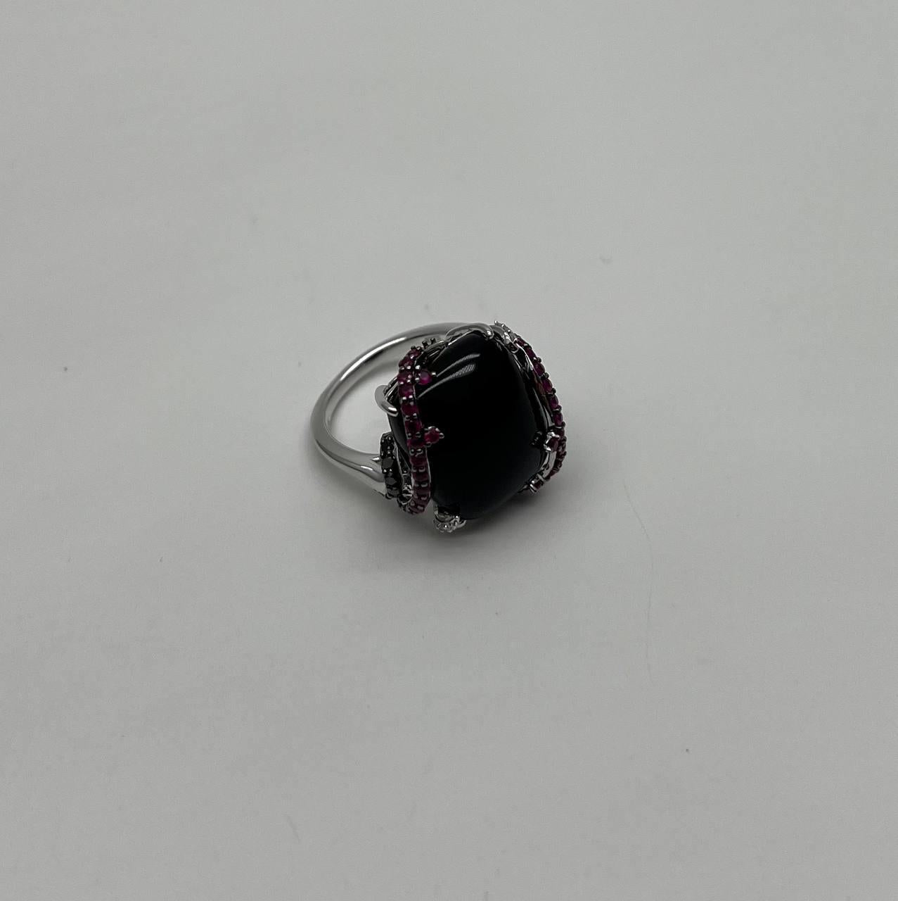 Black Onyx Red Pink Ruby White Diamond Halo 14K White Gold Statement Ring