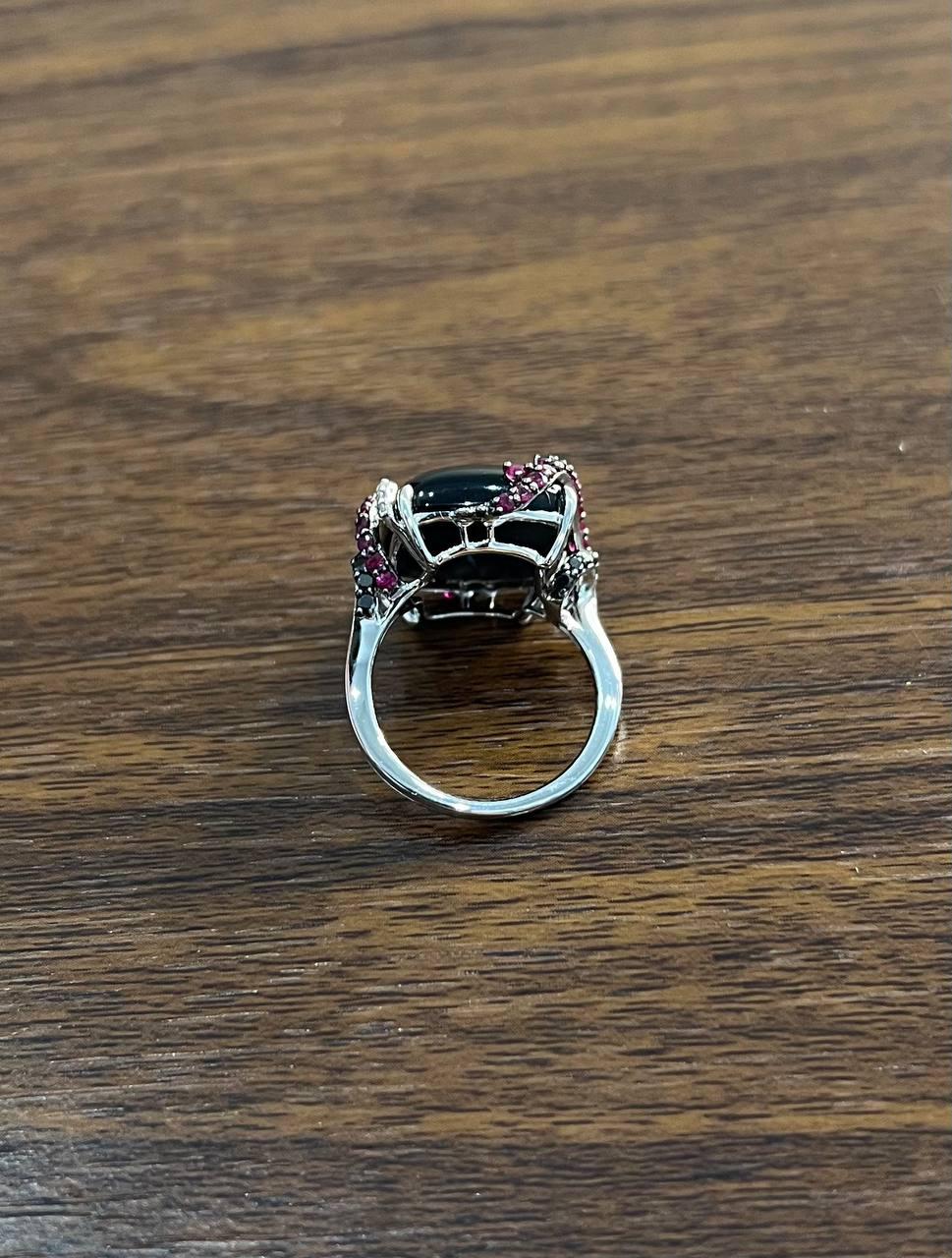 Black Onyx Red Pink Ruby White Diamond Halo 14K White Gold Statement Ring