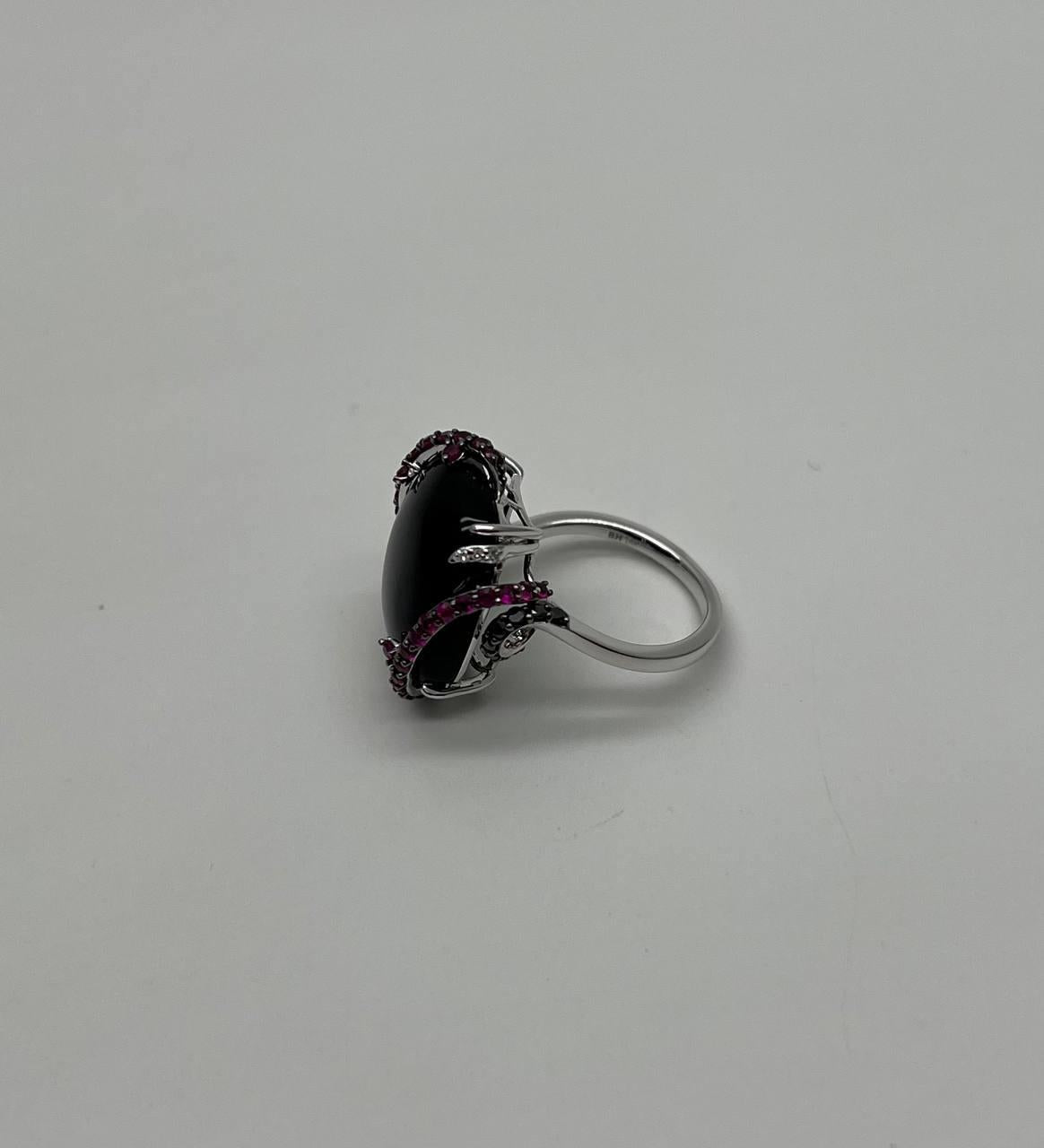 Black Onyx Red Pink Ruby White Diamond Halo 14K White Gold Statement Ring