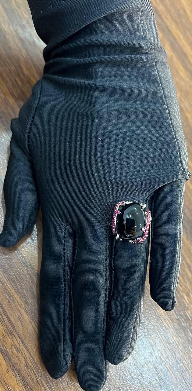 Black Onyx Red Pink Ruby White Diamond Halo 14K White Gold Statement Ring