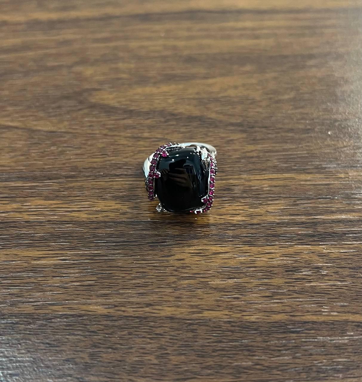 Black Onyx Red Pink Ruby White Diamond Halo 14K White Gold Statement Ring