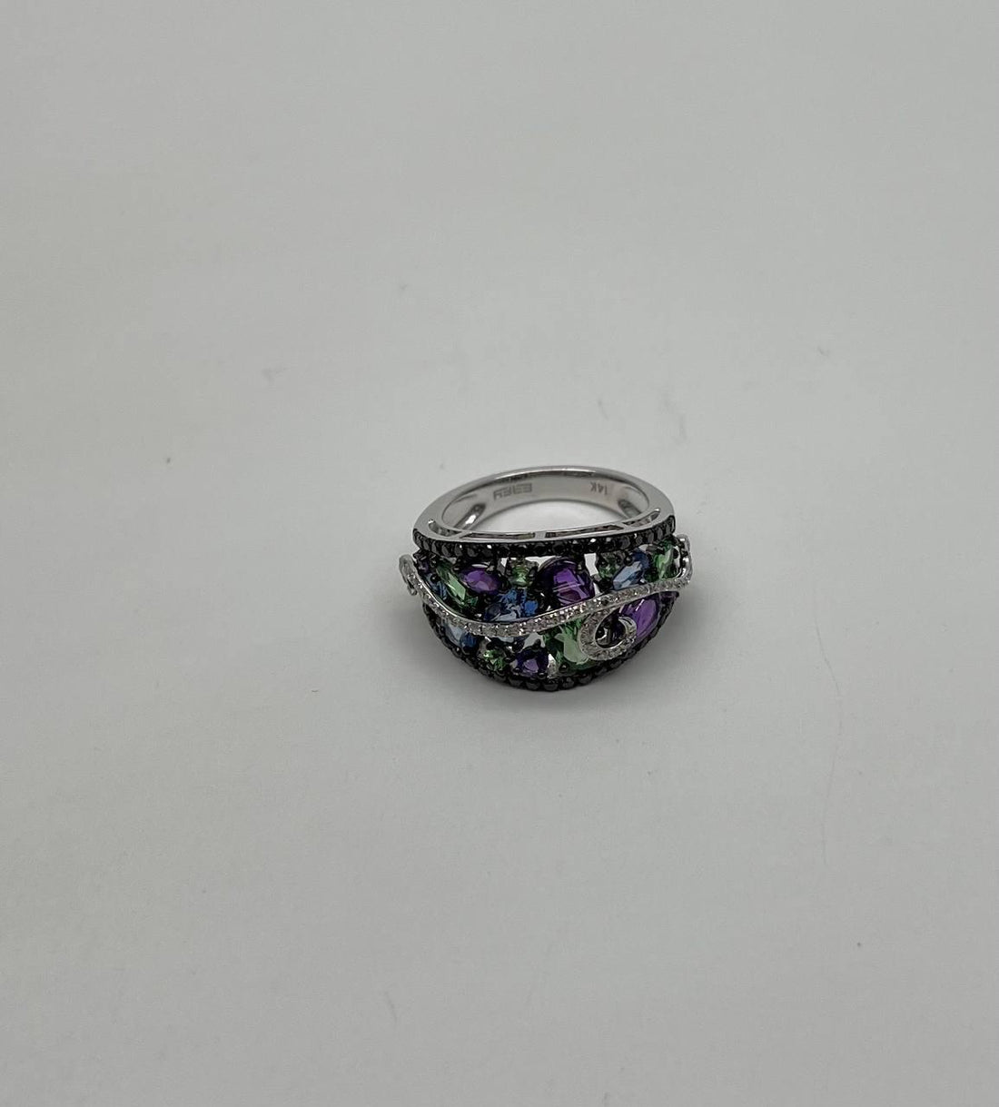 Purple Amethyst Blue Sapphire Green Tsavorite Diamonds 14K Gold Statement Ring