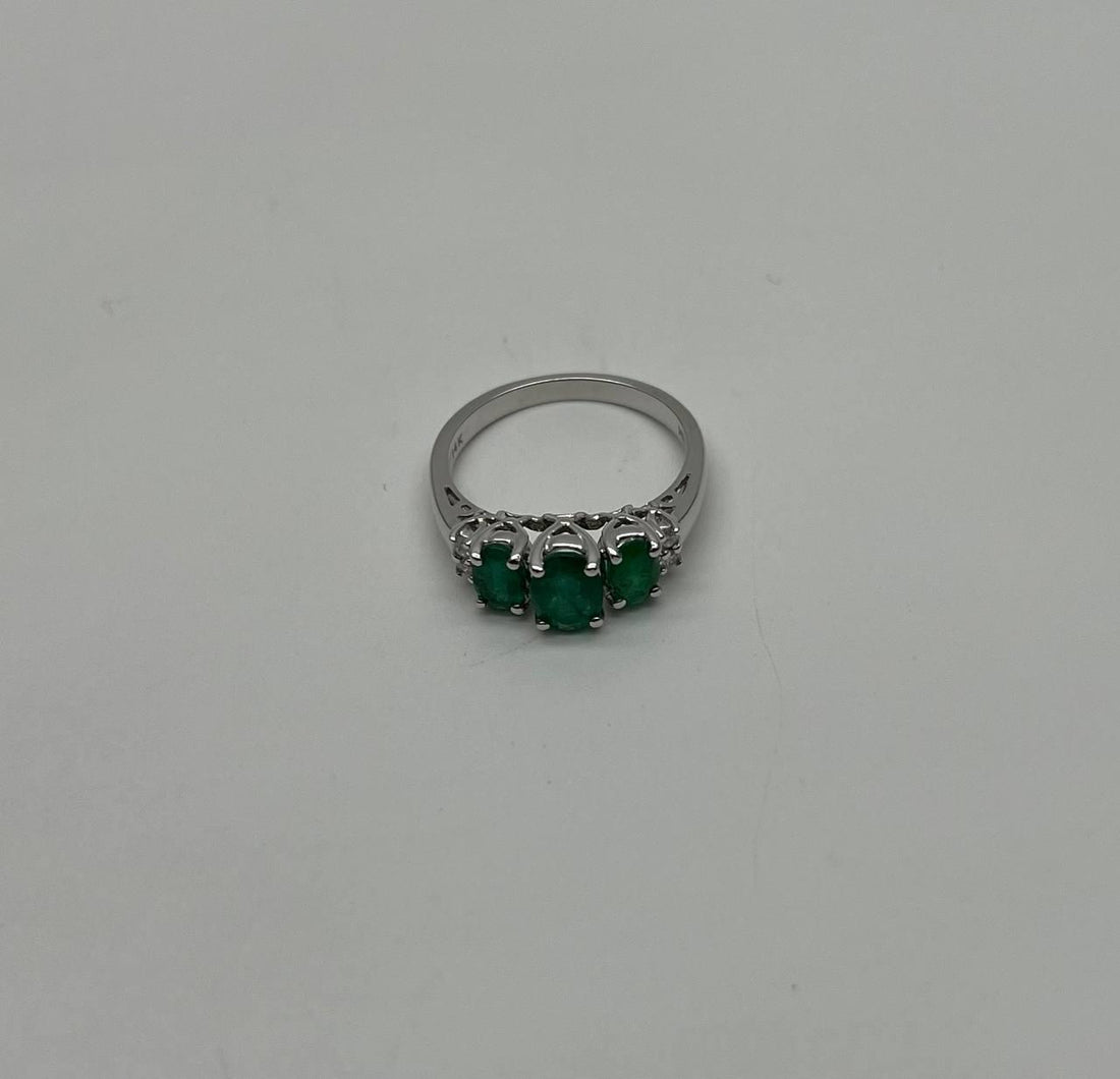 Oval Shape Three Stone Green Emerald Diamond Accent White Gold Statement Ring