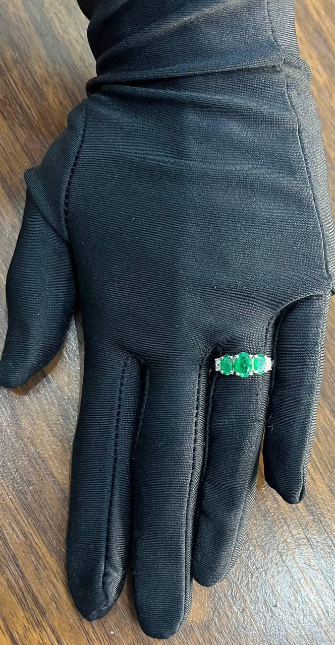 Oval Shape Three Stone Green Emerald Diamond Accent White Gold Statement Ring