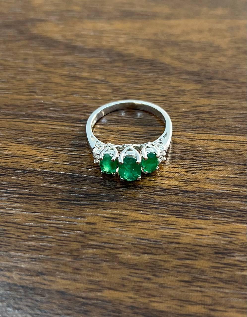Oval Shape Three Stone Green Emerald Diamond Accent White Gold Statement Ring