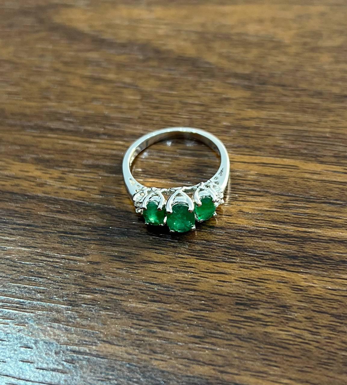 Oval Shape Three Stone Green Emerald Diamond Accent White Gold Statement Ring