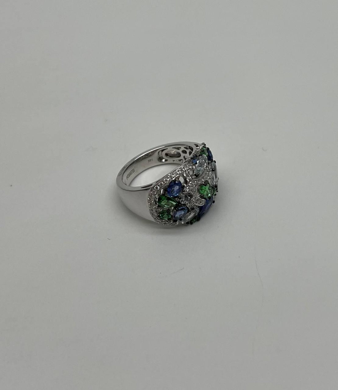 Blue Sapphire Green Tsavorite White Diamond Clusters White Gold Statement Ring