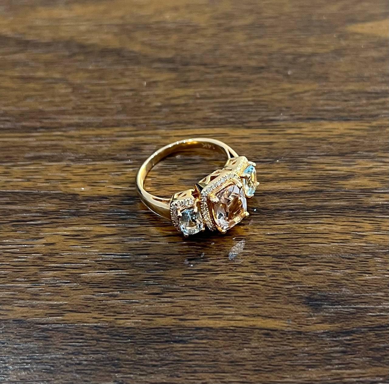 Orange Pink Peach Morganite & Blue Aquamarine 14K White Gold Diamond Ring