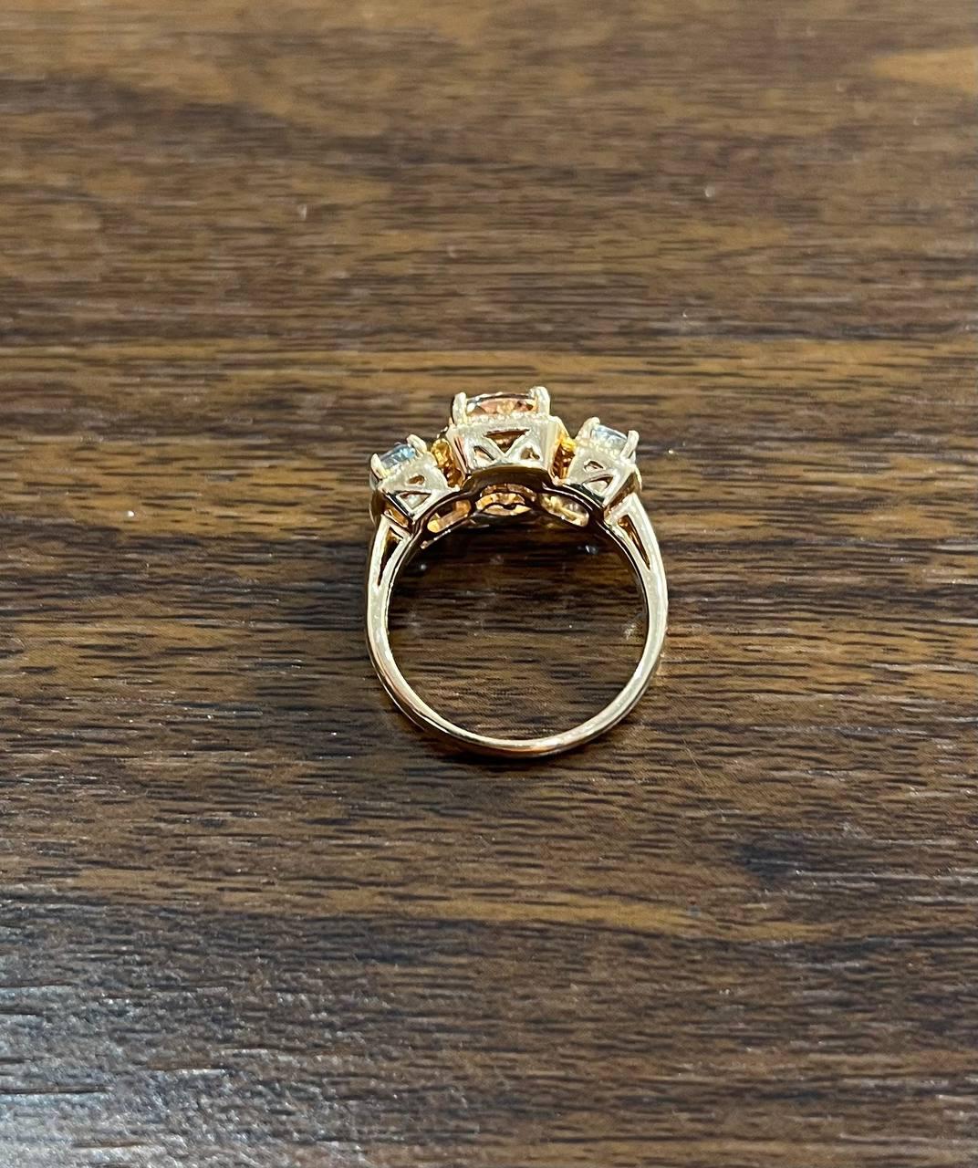 Orange Pink Peach Morganite & Blue Aquamarine 14K White Gold Diamond Ring
