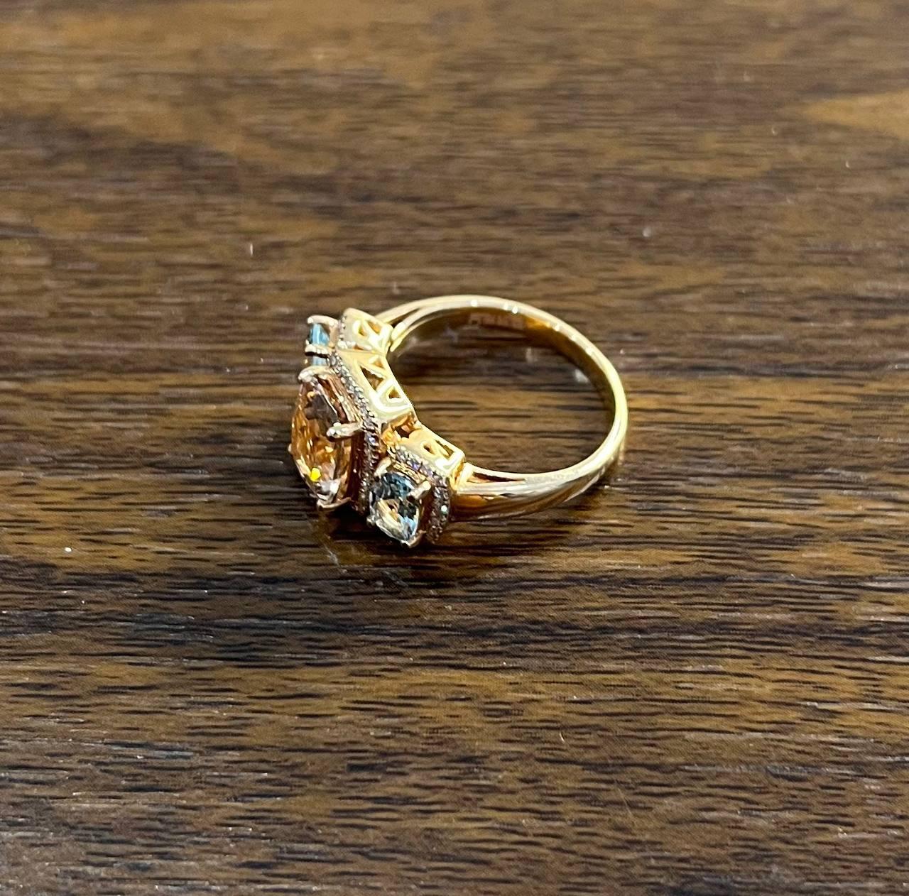 Orange Pink Peach Morganite & Blue Aquamarine 14K White Gold Diamond Ring
