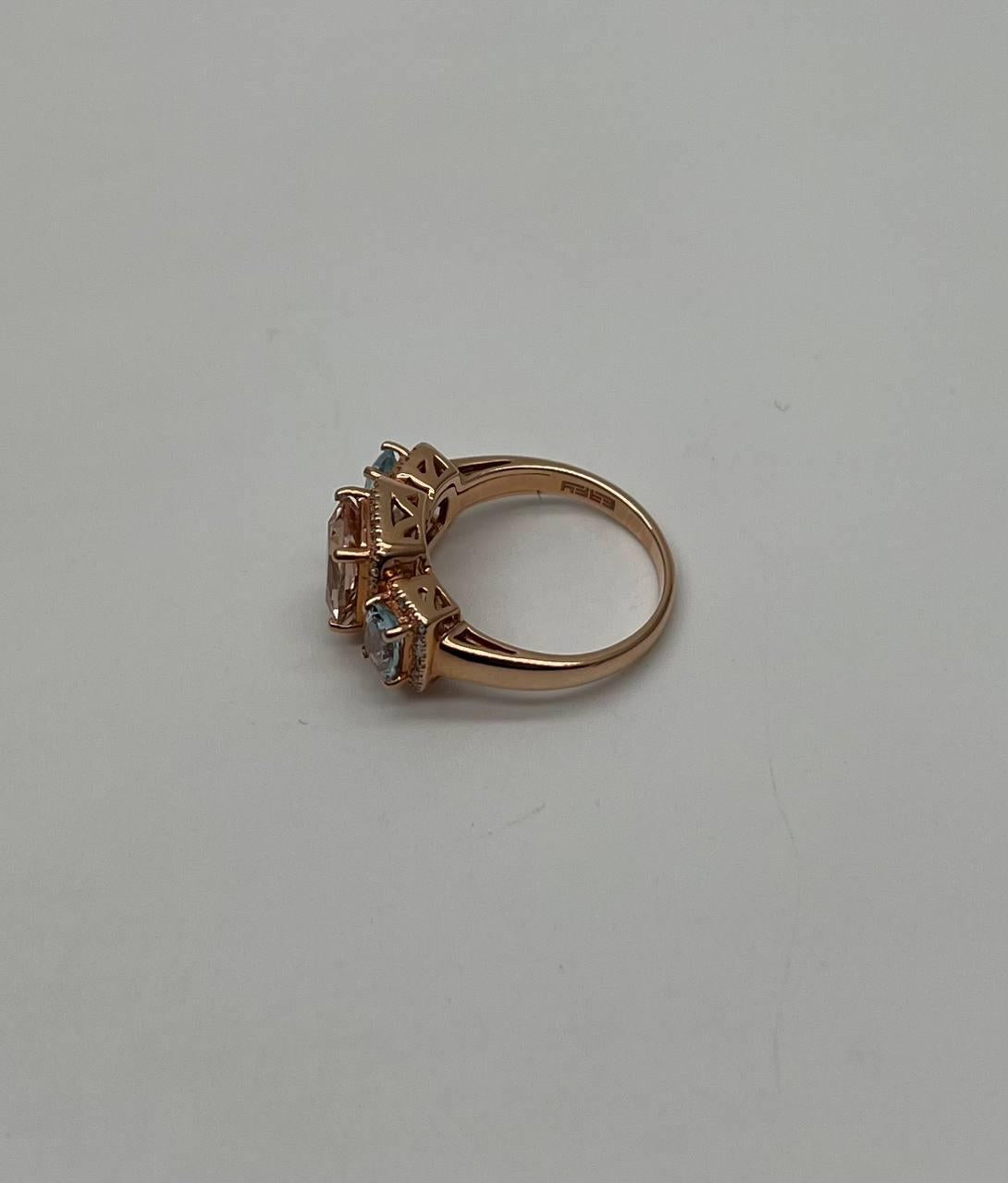 Orange Pink Peach Morganite & Blue Aquamarine 14K White Gold Diamond Ring