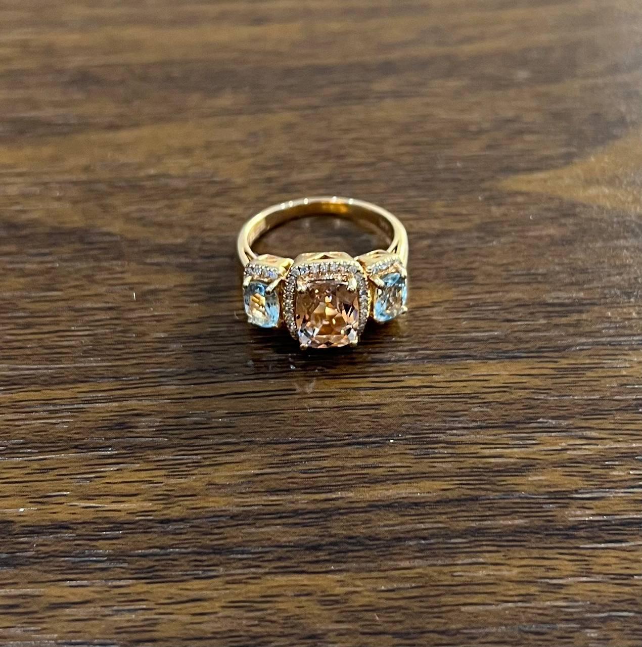 Orange Pink Peach Morganite & Blue Aquamarine 14K White Gold Diamond Ring