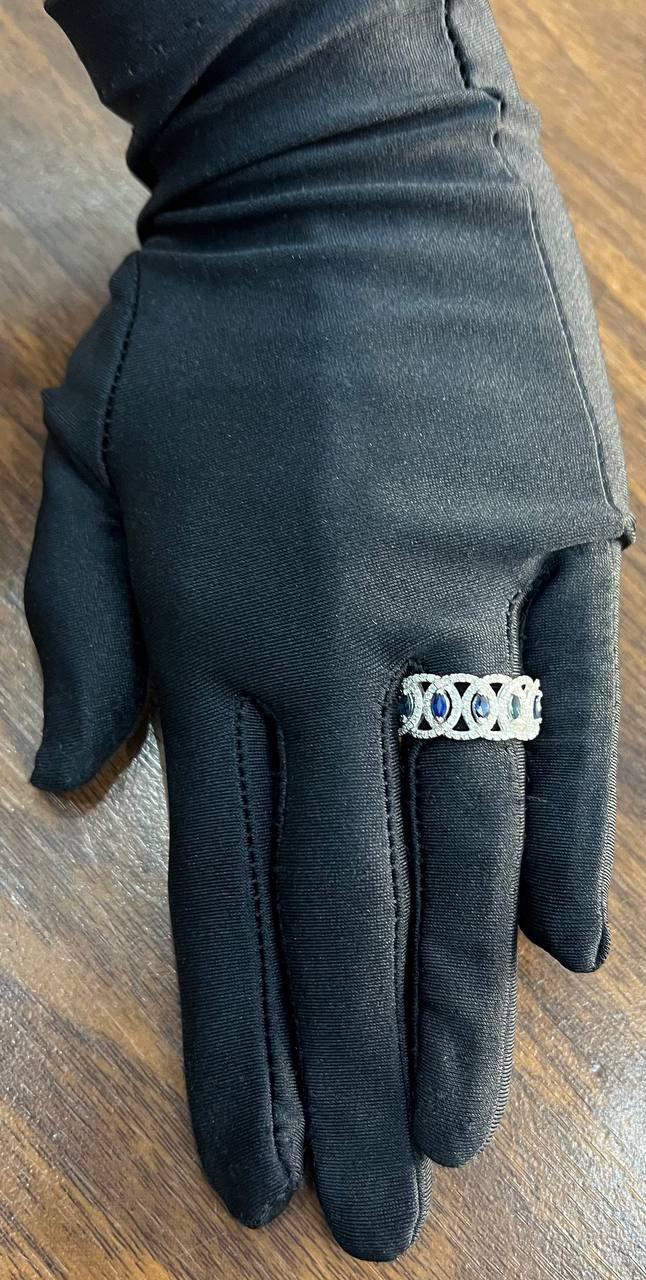 Round Blue Sapphires Diamonds Accents 14K White Gold Statement Band Ring