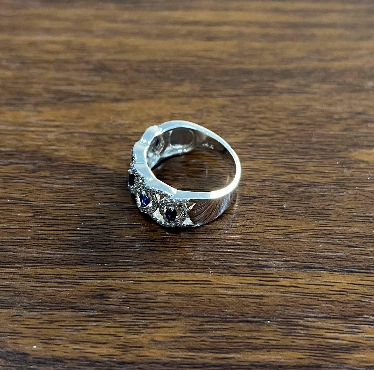 Round Blue Sapphires Diamonds Accents 14K White Gold Statement Band Ring