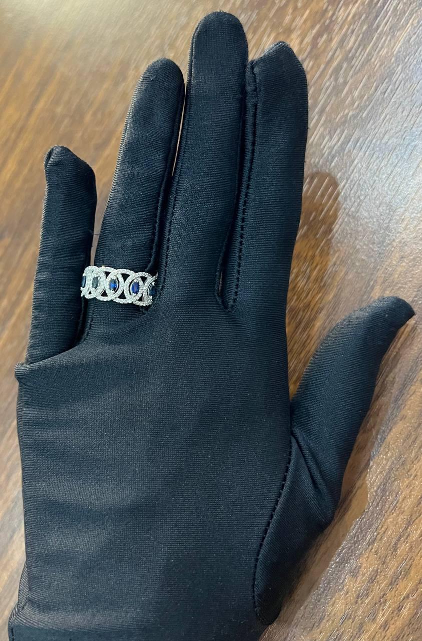 Round Blue Sapphires Diamonds Accents 14K White Gold Statement Band Ring