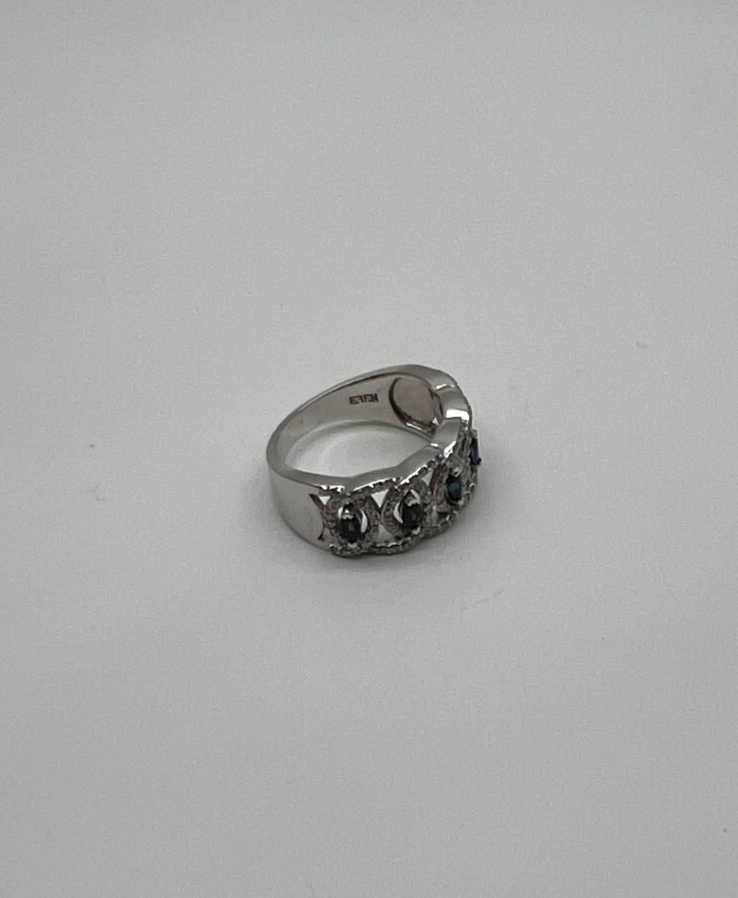 Round Blue Sapphires Diamonds Accents 14K White Gold Statement Band Ring