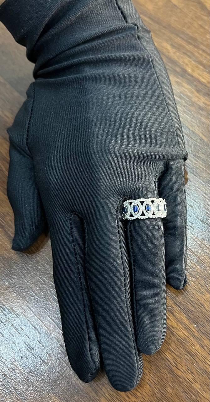 Round Blue Sapphires Diamonds Accents 14K White Gold Statement Band Ring