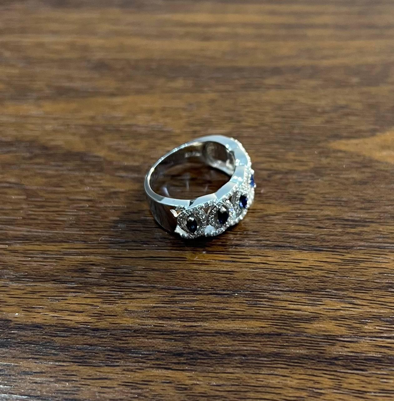 Round Blue Sapphires Diamonds Accents 14K White Gold Statement Band Ring