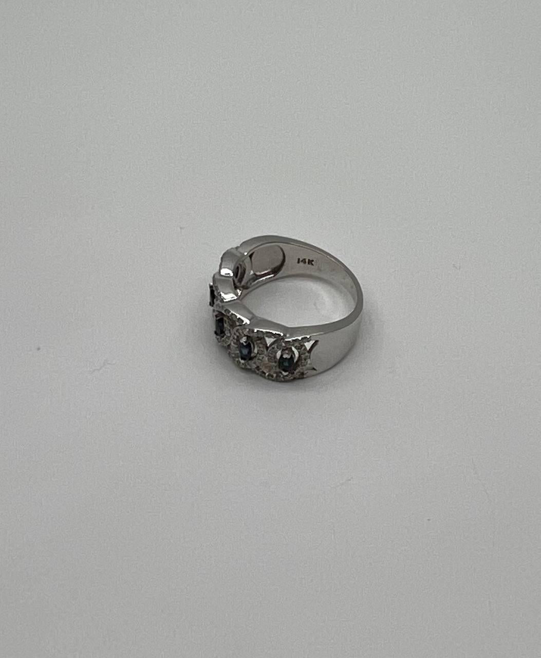 Round Blue Sapphires Diamonds Accents 14K White Gold Statement Band Ring