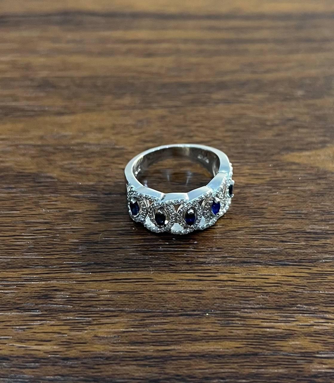 Round Blue Sapphires Diamonds Accents 14K White Gold Statement Band Ring