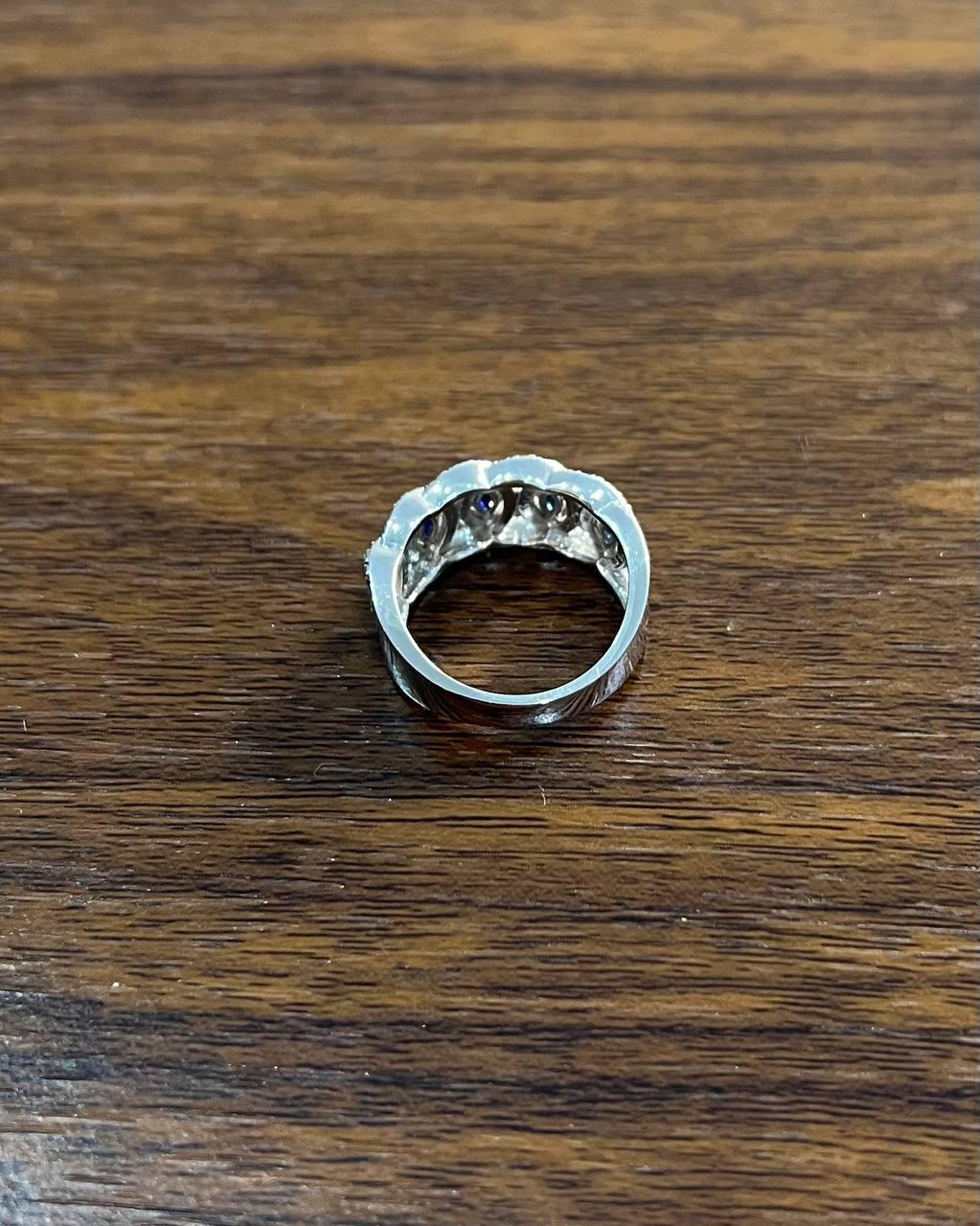 Round Blue Sapphires Diamonds Accents 14K White Gold Statement Band Ring