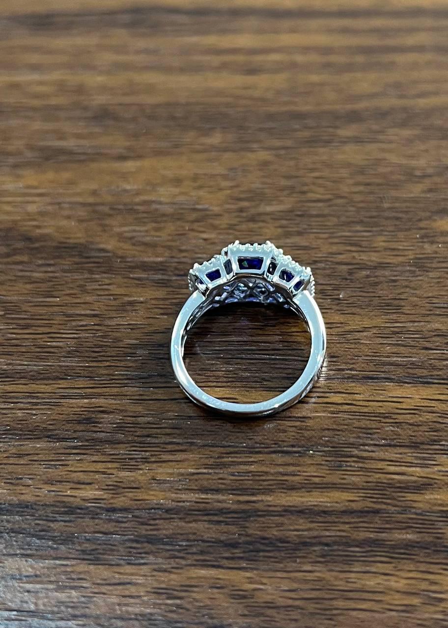 Blue Sapphire Three Side Stone Diamond Halo 14K White Gold Statement Ring