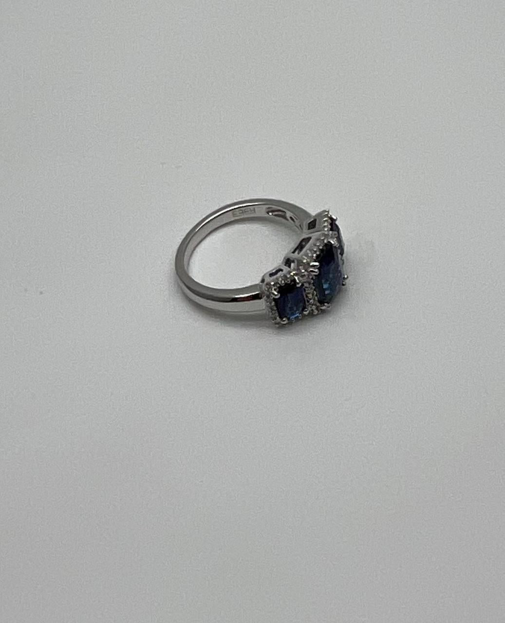 Blue Sapphire Three Side Stone Diamond Halo 14K White Gold Statement Ring