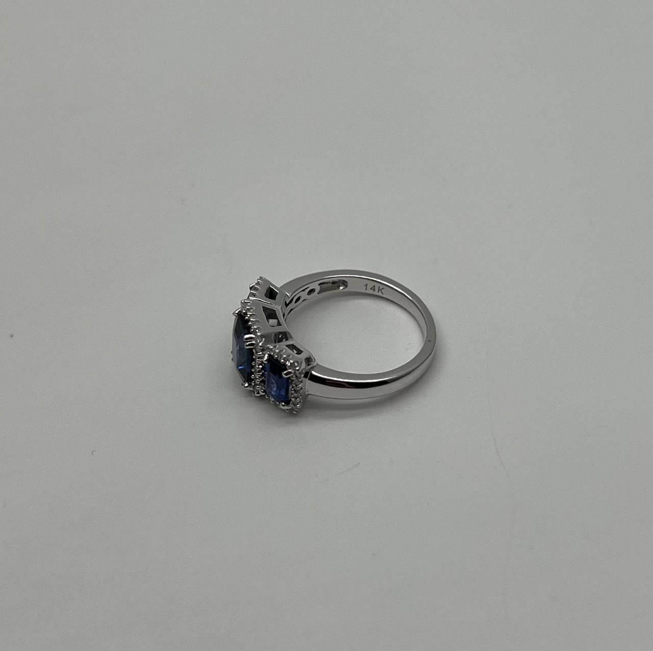 Blue Sapphire Three Side Stone Diamond Halo 14K White Gold Statement Ring