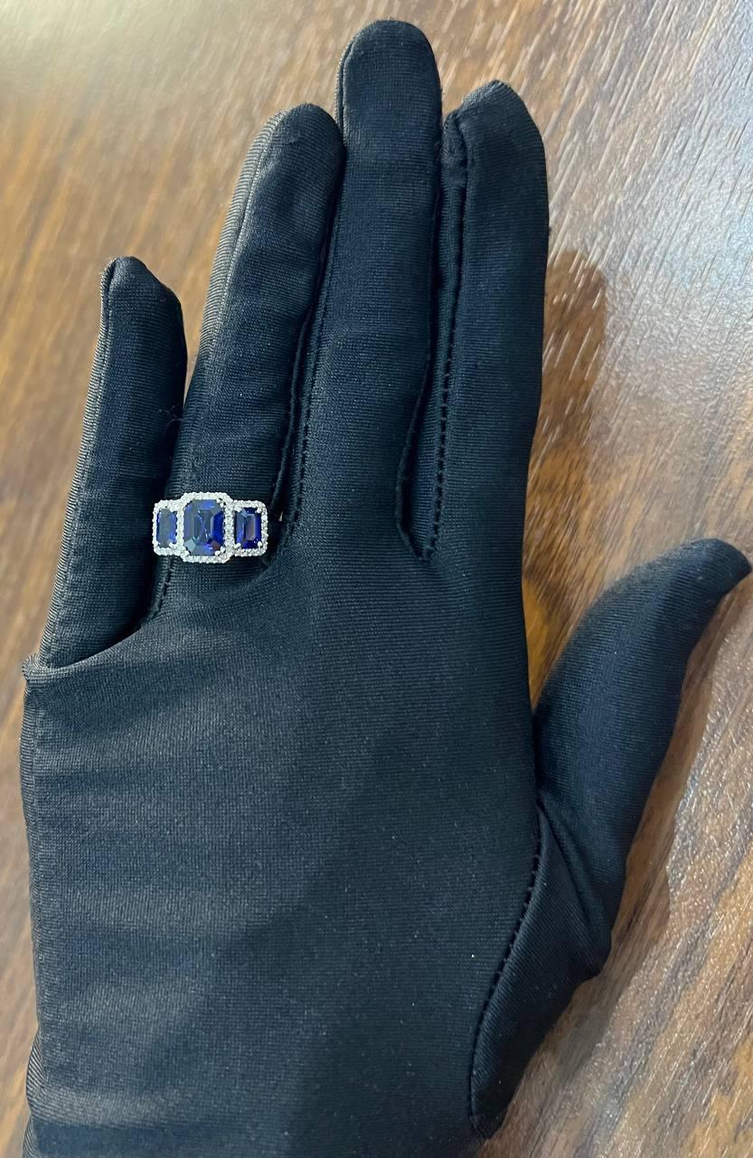 Blue Sapphire Three Side Stone Diamond Halo 14K White Gold Statement Ring