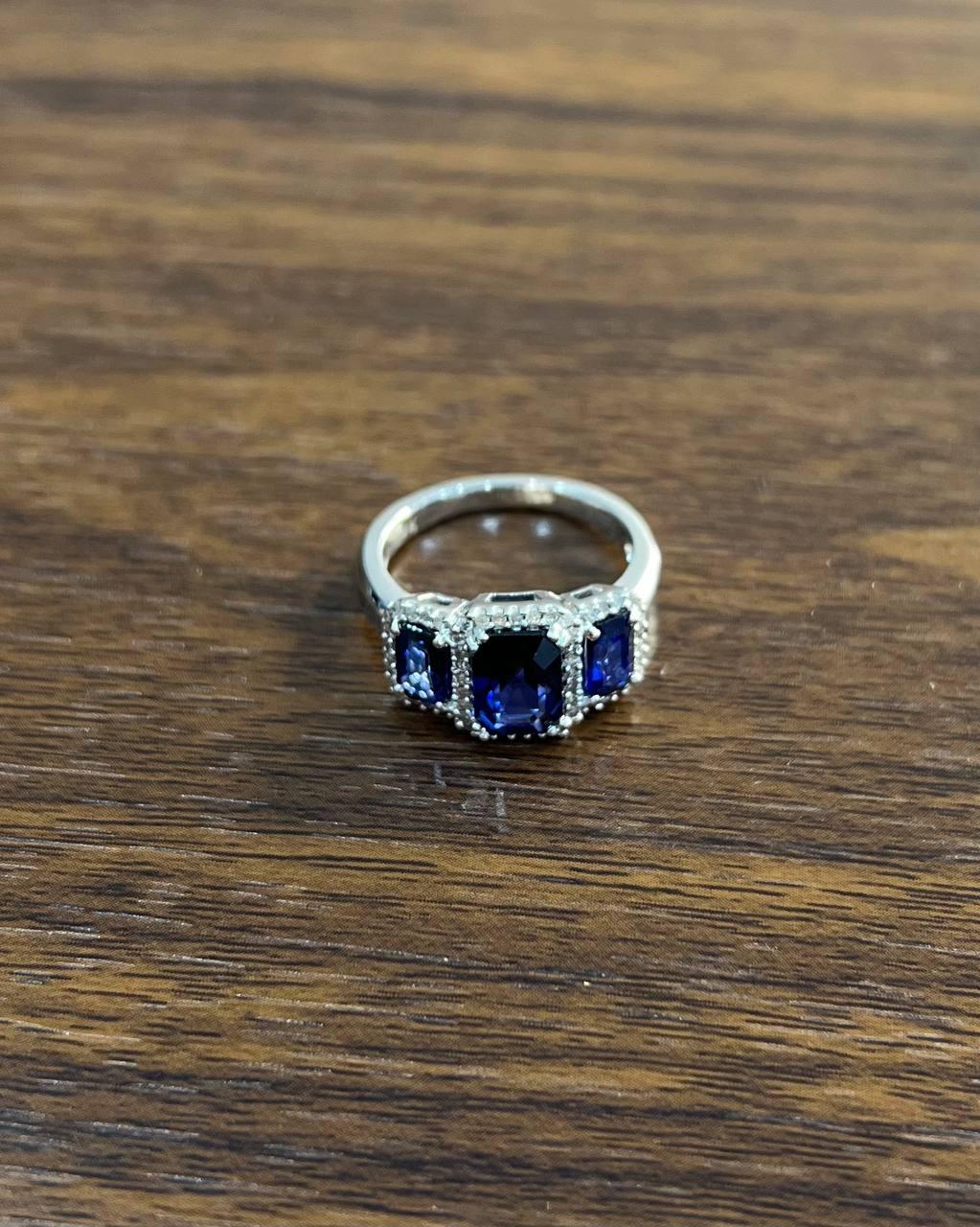 Blue Sapphire Three Side Stone Diamond Halo 14K White Gold Statement Ring