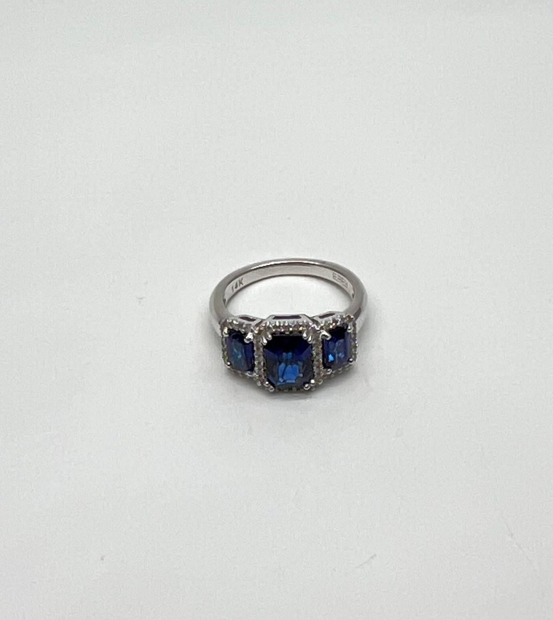Blue Sapphire Three Side Stone Diamond Halo 14K White Gold Statement Ring