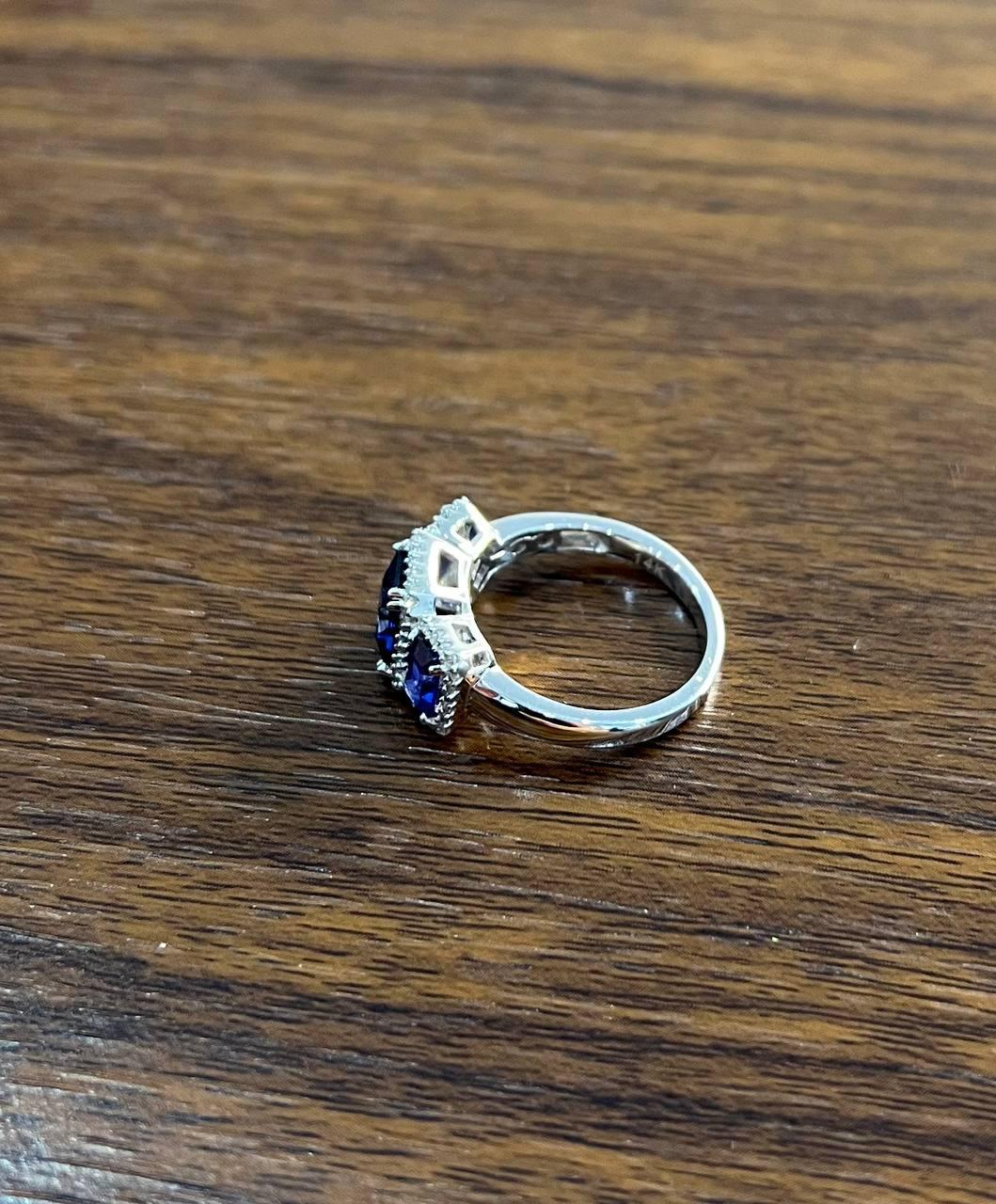 Blue Sapphire Three Side Stone Diamond Halo 14K White Gold Statement Ring