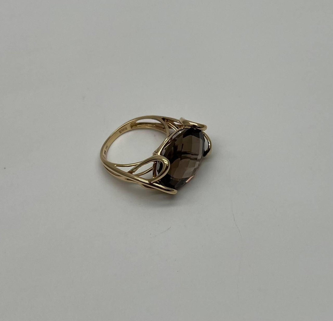 Oval Shape Brown Smoky Quartz 14K Yellow Gold Statement Cocktail Ring