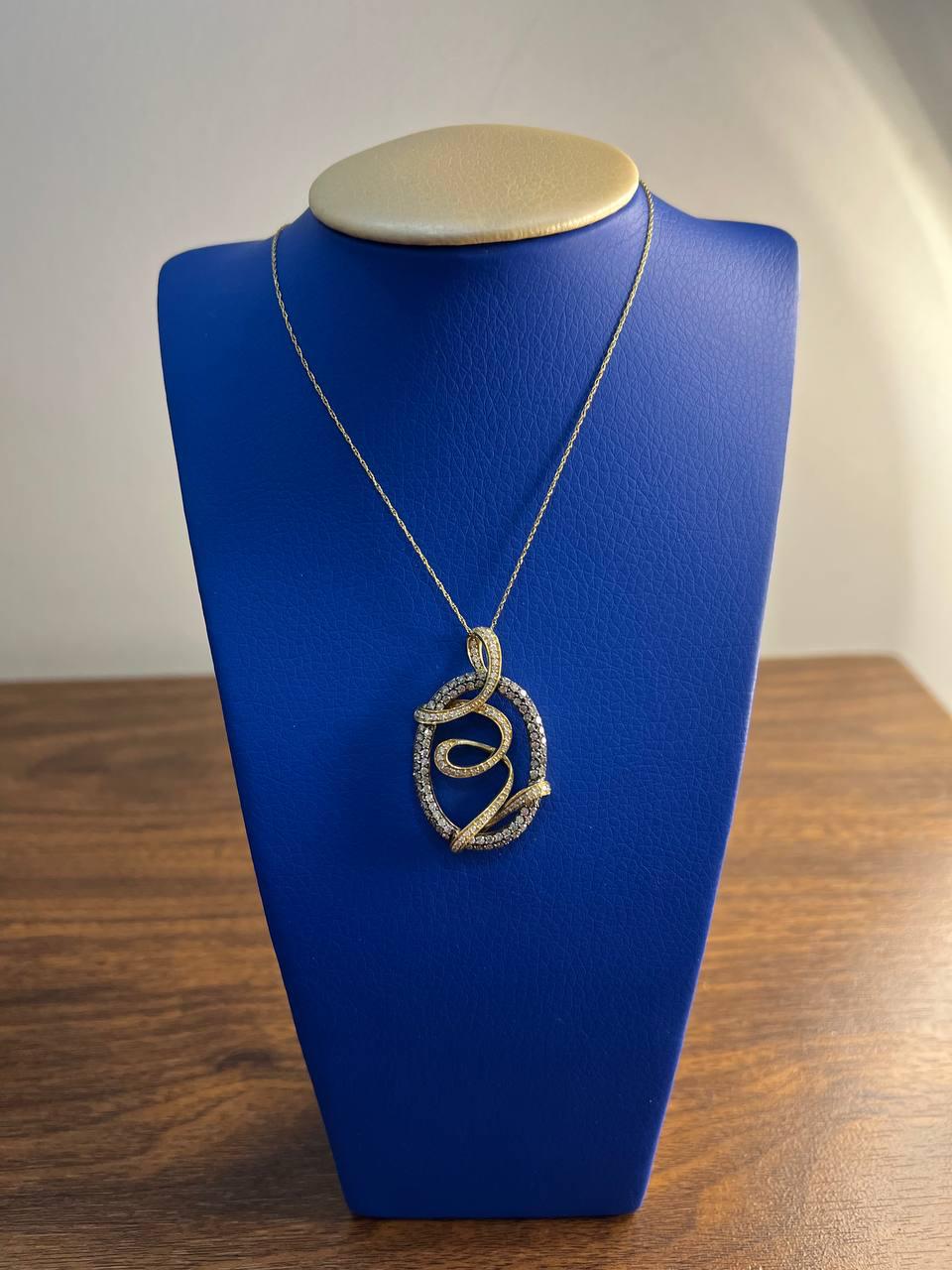 White Champagne Cognac Diamonds 14K Yellow Gold Swirl Statement Pendant Necklace