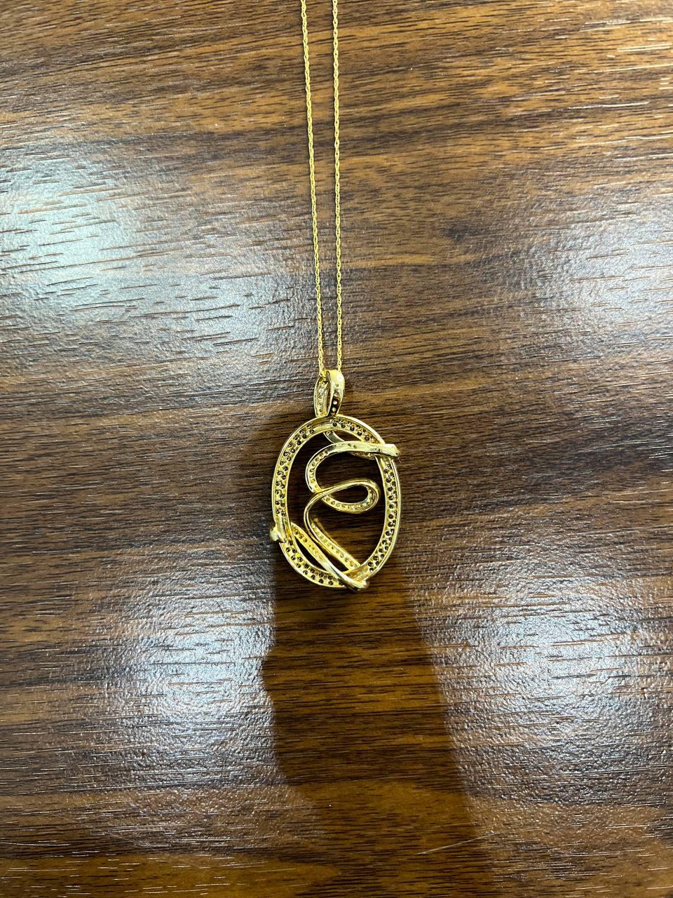 White Champagne Cognac Diamonds 14K Yellow Gold Swirl Statement Pendant Necklace