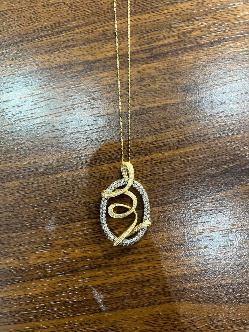 White Champagne Cognac Diamonds 14K Yellow Gold Swirl Statement Pendant Necklace