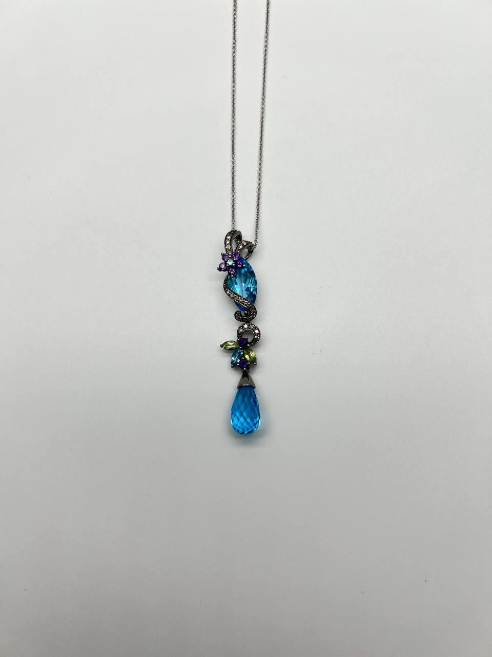Blue Topaz Amethyst Briolette Floral Diamond Black White Gold Pendant Necklace