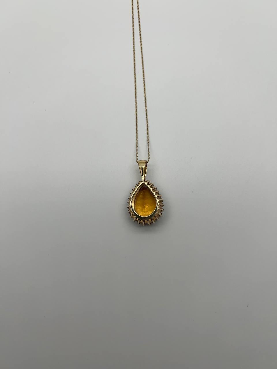 Pear Tear Drop Shape Orange Citrine with Brown Diamonds Halo 14K Gold Necklace