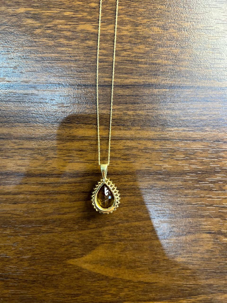 Pear Tear Drop Shape Orange Citrine with Brown Diamonds Halo 14K Gold Necklace