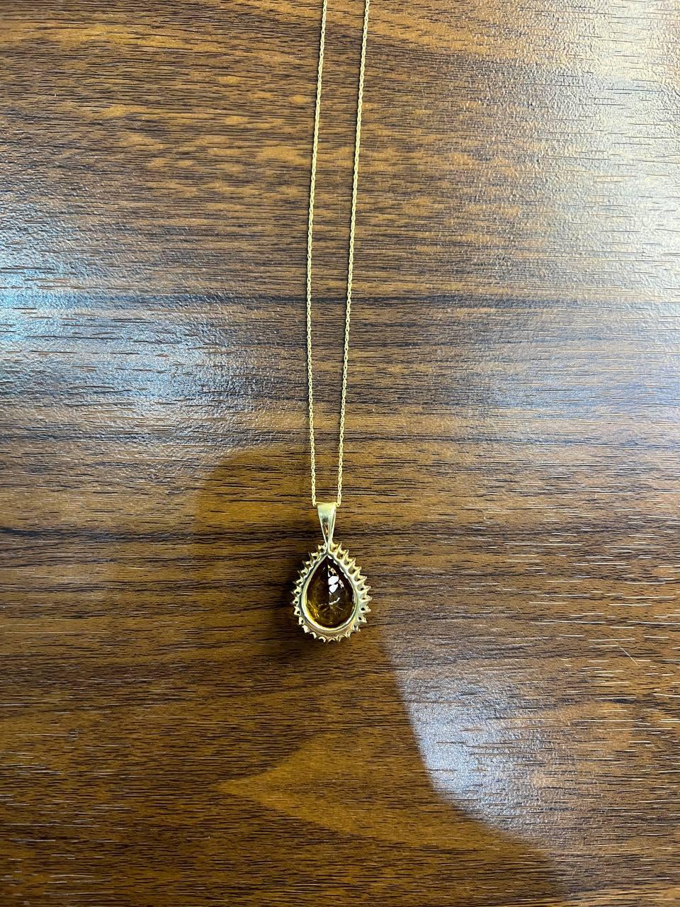 Pear Tear Drop Shape Orange Citrine with Brown Diamonds Halo 14K Gold Necklace