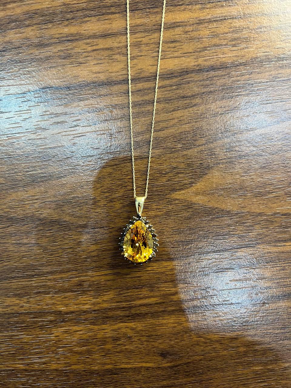 Pear Tear Drop Shape Orange Citrine with Brown Diamonds Halo 14K Gold Necklace