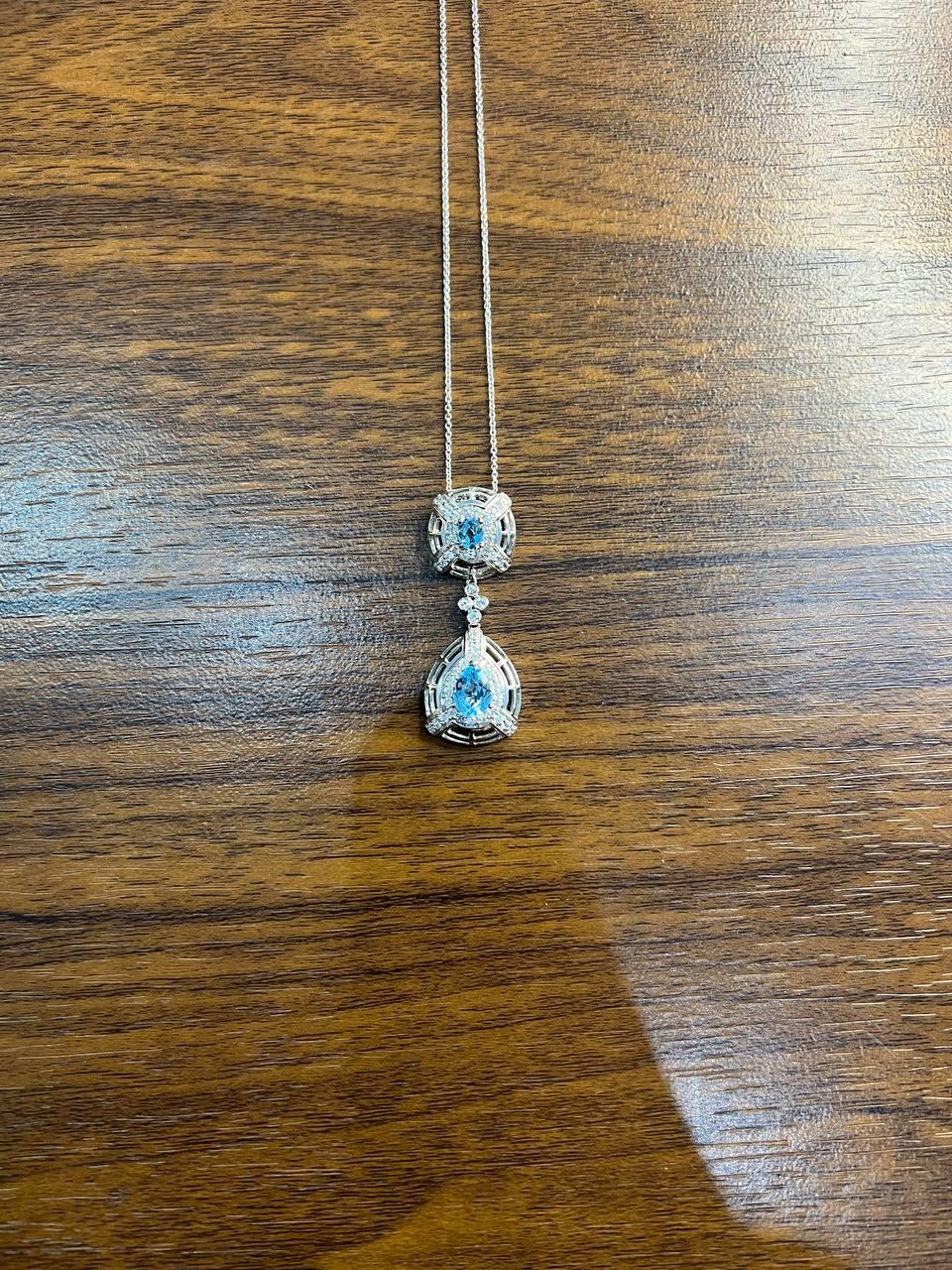 Fancy Blue Topaz White Diamond Halo 14K White Gold Fancy Drop Pendant Necklace